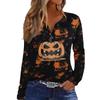 Women's Casual Long Sleeve T-Shirt with Halloween Print V-Neck and Button