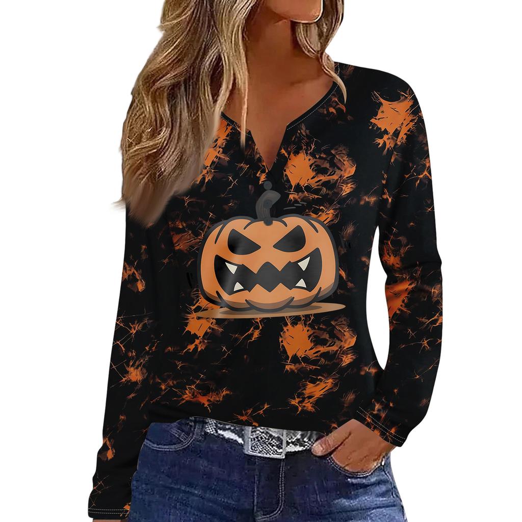 Women's Casual Long Sleeve T-Shirt with Halloween Print V-Neck and Button