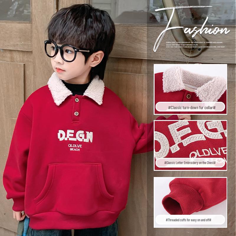 Fairy Tale Red Boys' Fleece Sweatshirt 2025 – Winter Thickened One-Piece Top for Children