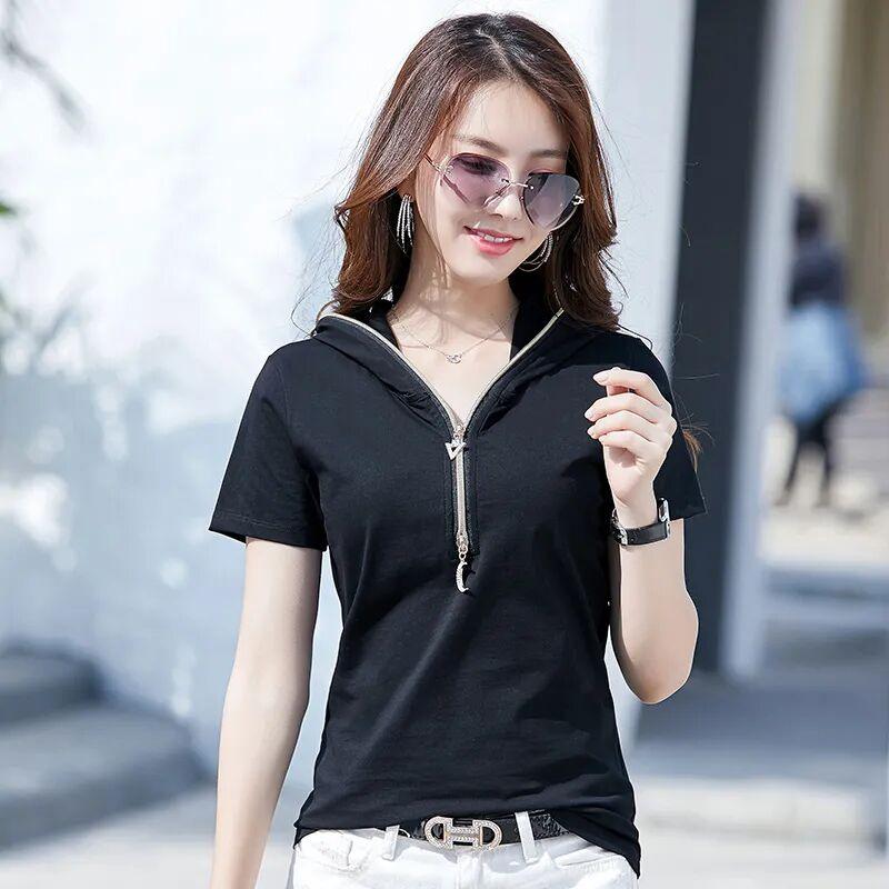Chic commuter short-sleeved summer wear new hooded fashion zipper solid color versatile and thin short-sleeved T-shirt top