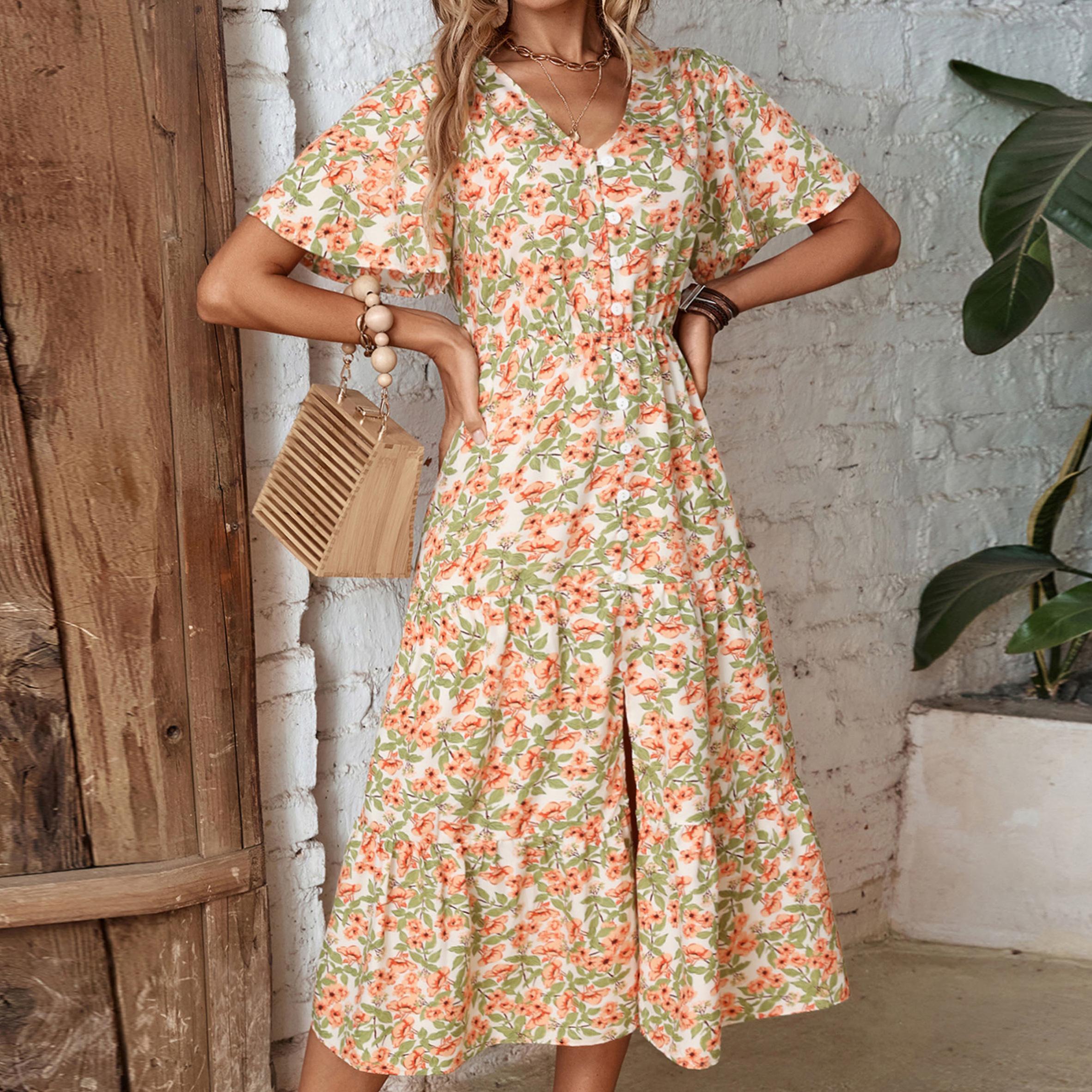 

YYFS женская мода лето весна цветочный принт с коротким рукавом v-образным вырезом и высокой талией повседневные платья M белый