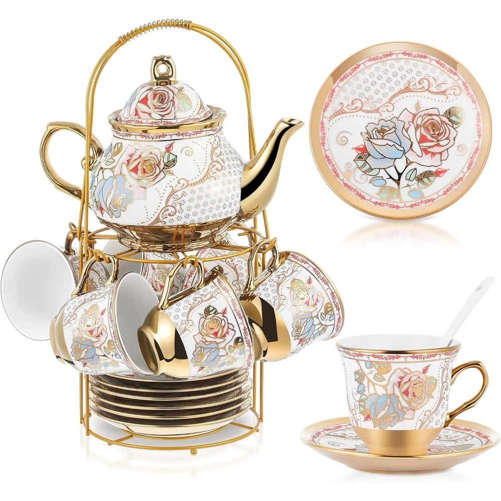 Adult Ceramic Tea Party Set (European Flower Painting Teapot, Teacup, Saucer, Spoon), Large (fresh Style)