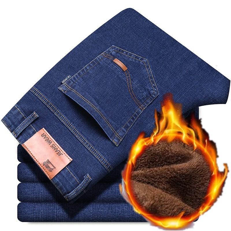 Autumn and Winter Velvet Jeans Men's Loose Straight Trousers High Waist Casual Elastic Men's Pants Warm Thickened Warm