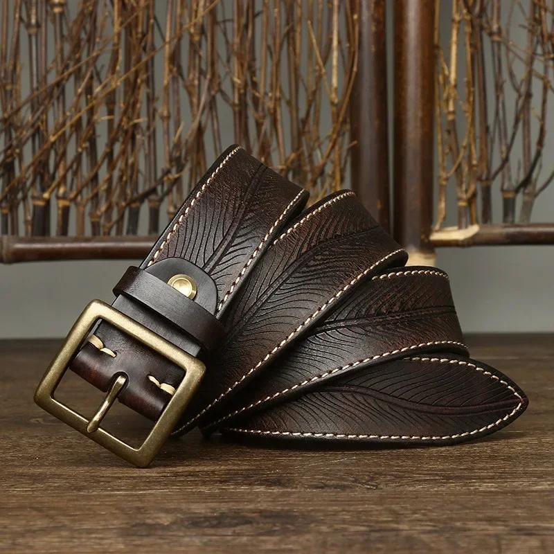 3.8CM Pure Cowhide High Quality Genuine Leather Belts for Men Carve Strap Male Brass Buckle Fancy Vintage Jeans Cowboy Cintos