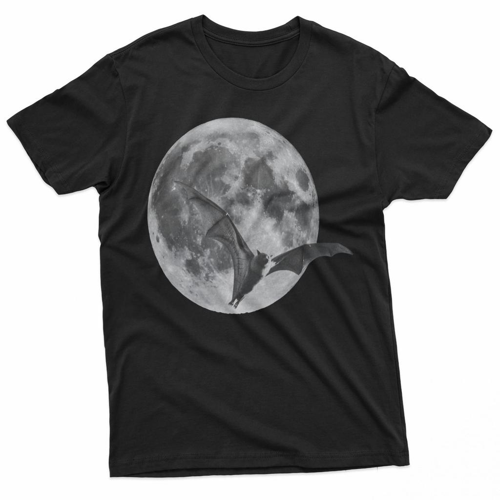 Maglietta Goth Vintage Luna Piena Nera con Pipistrello Volante