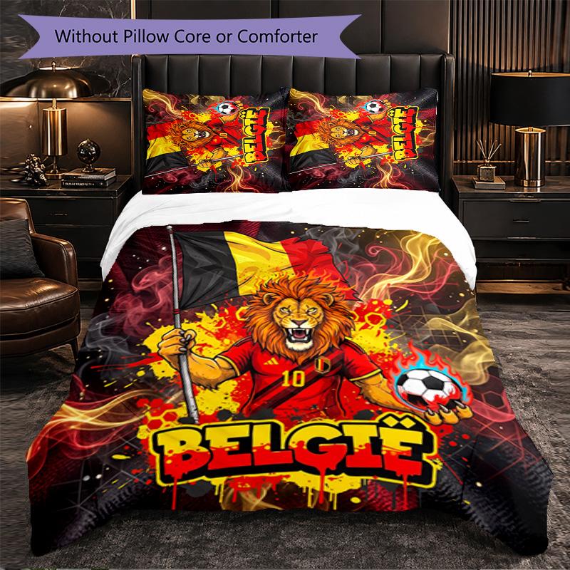 Belgium Football Pattern 3 Pieces Bedding Set Soft Microfiber Duvet Cover with Pillow Cases for Bedroom