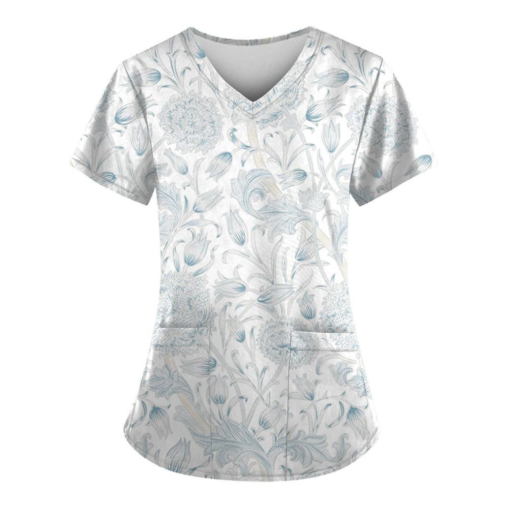 Willow Print Women's T-shirt V-neck Nurse Uniform Comfortable Short Sleeved Women's T-shirt