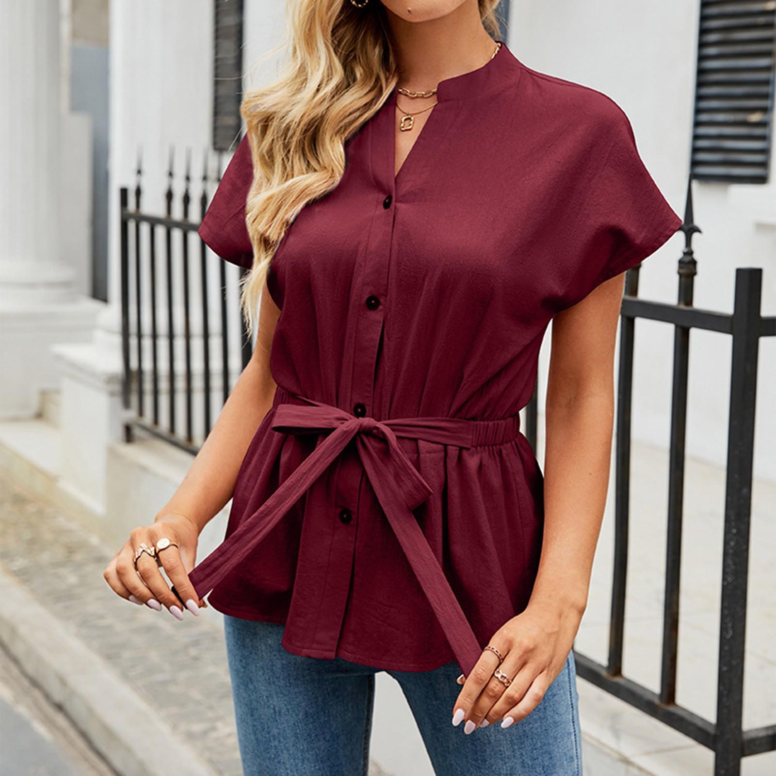 

Жіноча модна та елегантна суцільна жіноча сорочка з V-подібним вирізом і поясом на ґудзиках з короткими рукавами XL винний