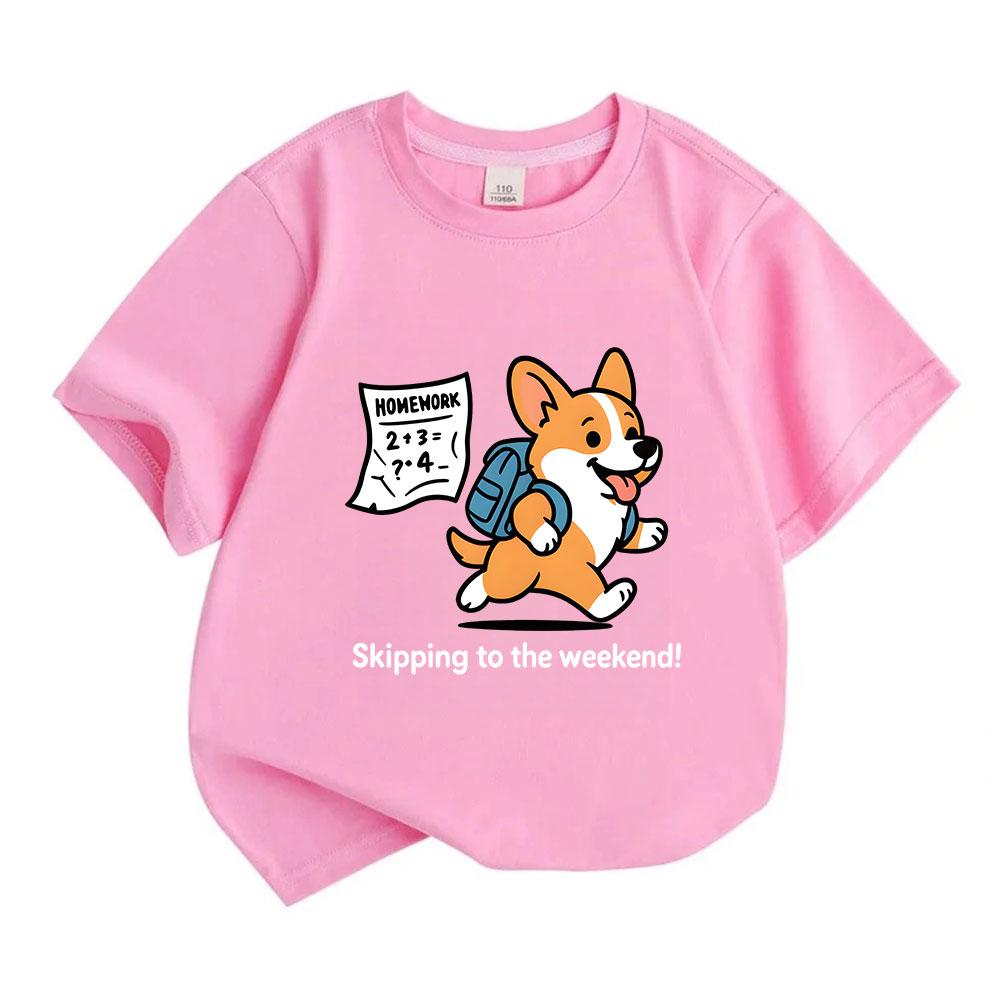 Kids Boys Girls 100% Cotton Crew Neck Short Sleeve T-Shirt, Cute Corgi Skipping To Weekend Homework Graphic Casual Soft Tee for School Daily Wear