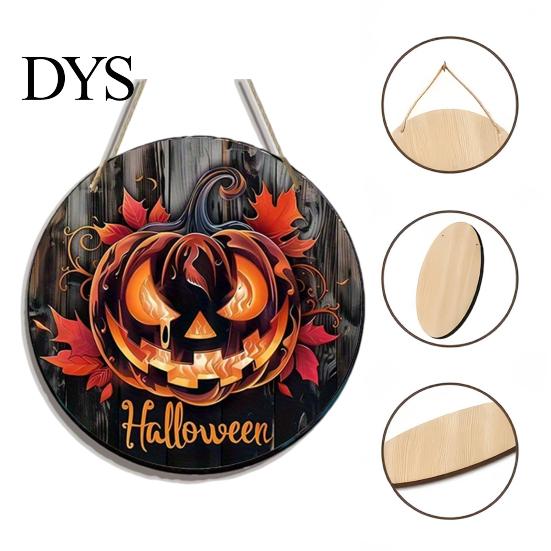 Autumn Atmosphere Hanging Ornament Halloween Wooden Door Hanger Sign, Flame Pumpkin Maple Leaf Printed Round Plaque, Hemp Rope Decor Waterproof