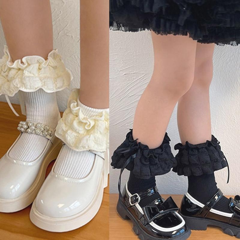 Breathable Cotton Hosiery Socks for Girls Toddler Stretchy Knee High Socks Puff Edge Lace Bows Socks for Autumn Spring