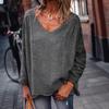 Ladies Spring Autumn Long Sleeves V Collar Loose Solid Color Pullover T Shirt Blouse Top