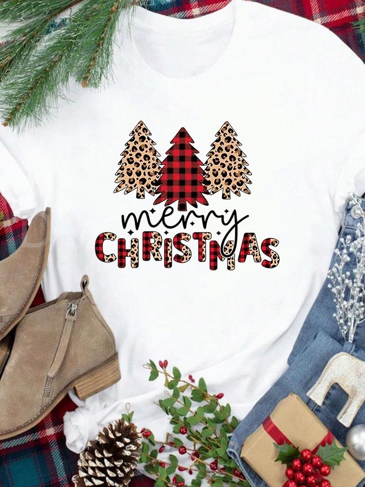 (Asian Size) Tee New Year Holiday Merry Christmas Top Festival Casual Leopard Tree Style Cute Women Print Lady Short Sleeve Fashion Graphic T-shirts