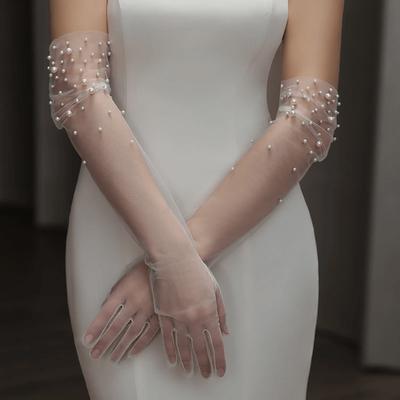Guantes de Novia Pesados Bordados a Mano Elegantes Largos Elegantes Ajustados Fiesta de Boda Cena Guantes de Tul Accesorios de Boda