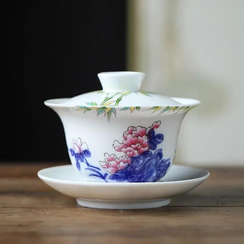 Gongfu Tea Set Ceramic San Cai Gai Wan China Handmade Tea Cups Gaiwan Tureen Hand-painted Tea Bowls