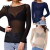 Lichte Top met Lange Mouwen Sexy Skinny Doorzichtig Zwart Gaas Pullover Ronde Hals Effen Kleur Transparant Punk Club T-shirt Dames Doorzichtige Blouses