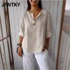 JPNTKY Women's Fashion Casual Solid Color Print 3/4 Sleeves V Neck Blouses & Shirts International Design
