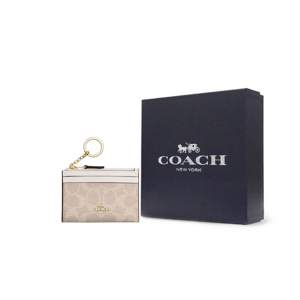 Coach Skinny Id Case 11 Logo Metal Zipper Closure Faux Leather Plastic Card Holder Mini Women Card Holder Sand-Yellow Chalk-White CW870-IMXDM