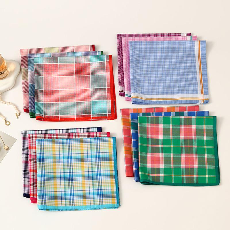 3Pcs Handkerchief Thin Pure Cotton Water-Absorbent Plaid Handkerchief Sweat-wiping Color Mixing 3Pcs