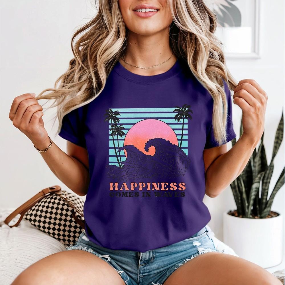 

Happiness Comes In Waves Beach Lifestyle Womens T-Shirt Ocean Retro Design M