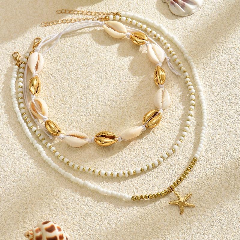 Shell Necklace Set Ocean Beach Wind Cover Chain Bohemian White Rice Bead Clavicle Chain