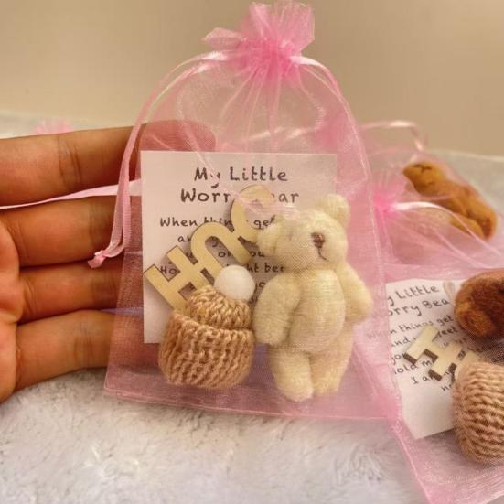 Pocket Hug Plush Bear Toy with Encouragement Card Mesh Bag Mini Positive Stuffed Bear Doll with Knitted Hat Inspirational Gift
