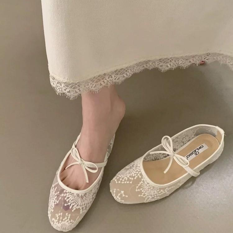 Gentle bow ballet shoes new hollow mesh lace embroidered shoes single shoes