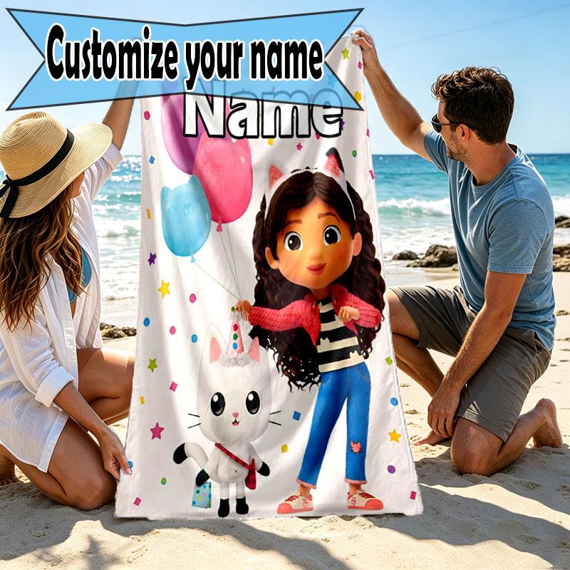 Custom Name Personalized Gabby's Dollhouse Print Beach Towel, for Trip Camping Beach Party Home Decor, Birthday Gift for Family & Friends