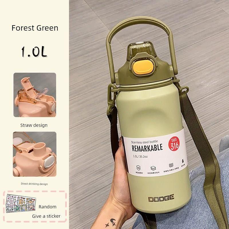 Japanese Large-Capacity Thermos Cup for Women, 316 Stainless Steel, Big Belly Straw Cup, High Aesthetic Children's Water Bottle for Men