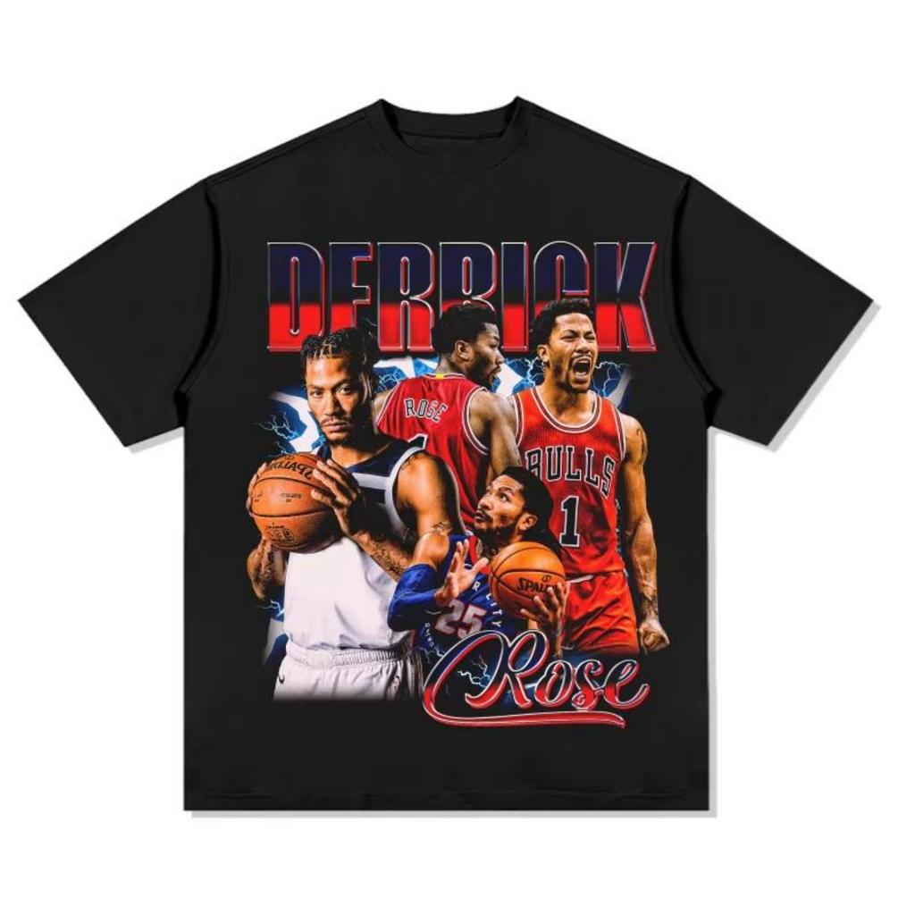 Nueva Llegada Street Chic Vintage Derrick Rose Algodón Estampado Camiseta de Manga Corta Estrella de Baloncesto Verano Deportes Camisetas Cuello Redondo