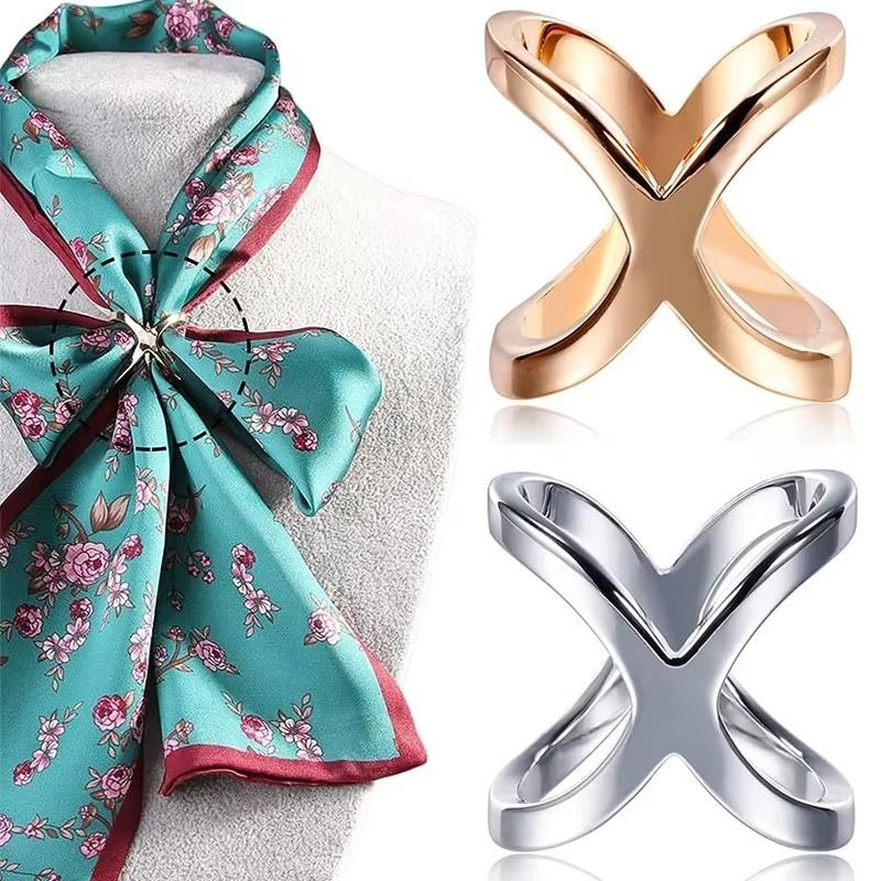 Fashion Cross Scarf Clip X Shape Metal Brooches for Women Hollow Bow Scarves Buckle Holder Shawls Jewelry Clothing Accessories
