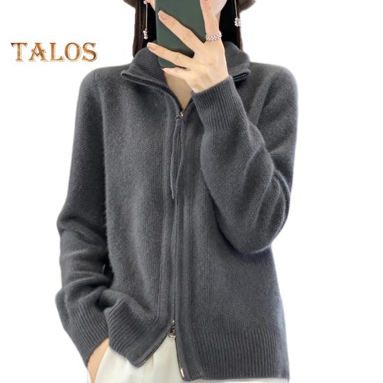 Women Knitted Sweater Coat High Collar Long Sleeve Double Zipper Placket Autumn Winter Solid Color Knitwear