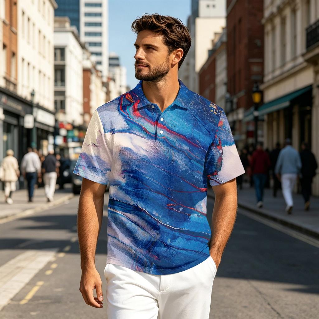 Men's Short Sleeve Lapel Collar Shirt Lightweight Cotton Linen Gradient Print Breathable Casual Summer Everyday Top