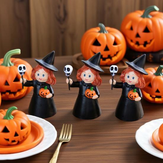 3Pcs Halloween Witch Figurine Holding Skull Pumpkin Cartoon Witch Resin Statue Sculpture Home Office Holiday Party Decoration Ornament