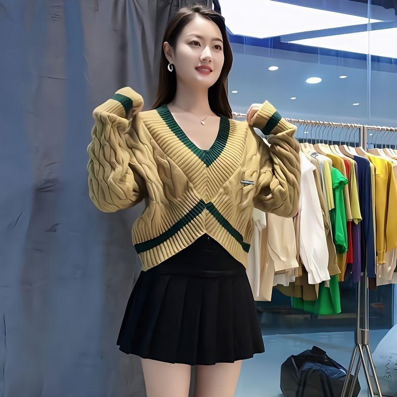 

Новый стиль ленивый утолщенный жареный пуловер из переплетенных нитей теста женский осенне-зимний свободный короткий дизайн с ощущением V-образного выреза свитер топ one size жёлтый