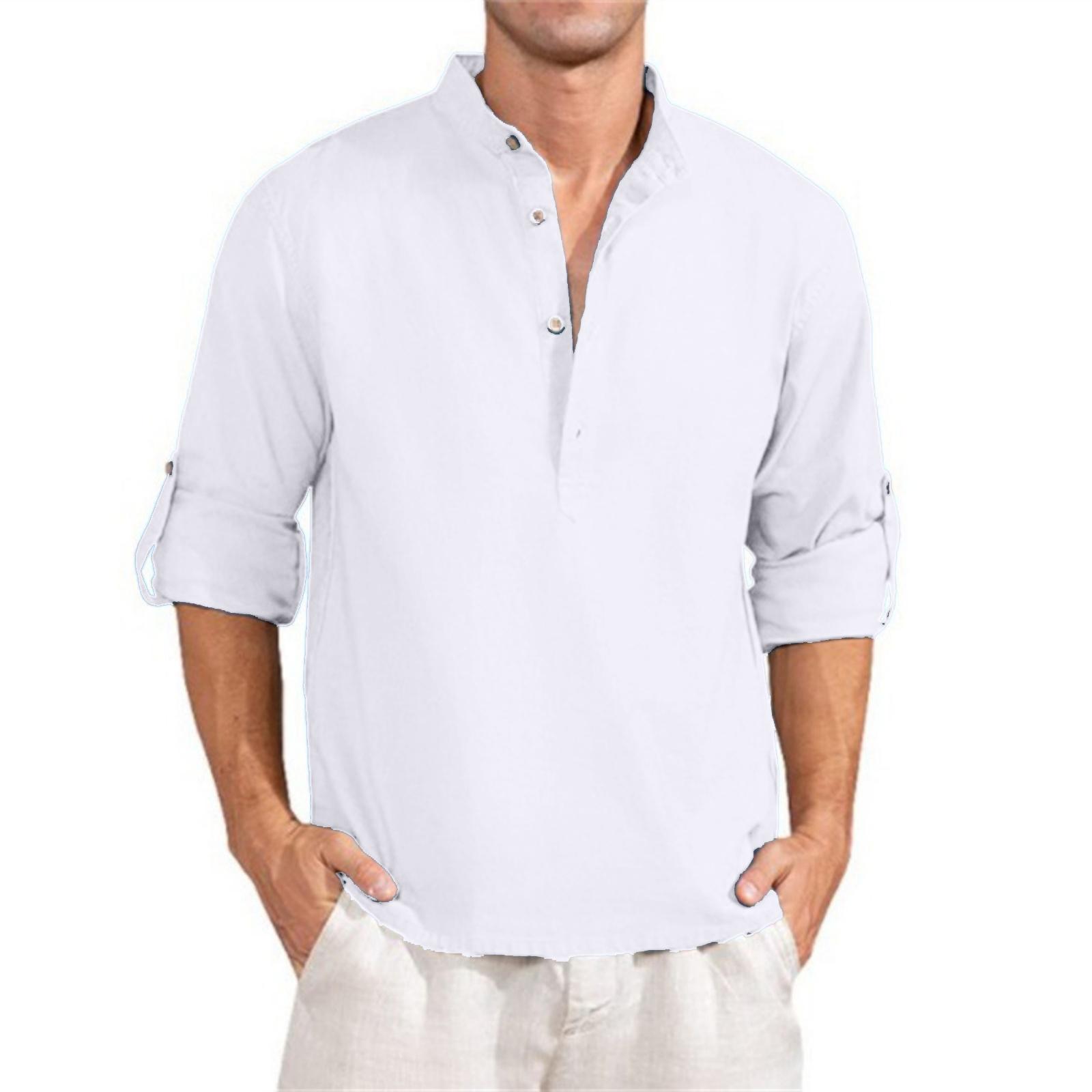 

Мужская повседневная свободная однотонная рубашка с длинным рукавом и воротником-стойкой из хлопка и льна XL белый