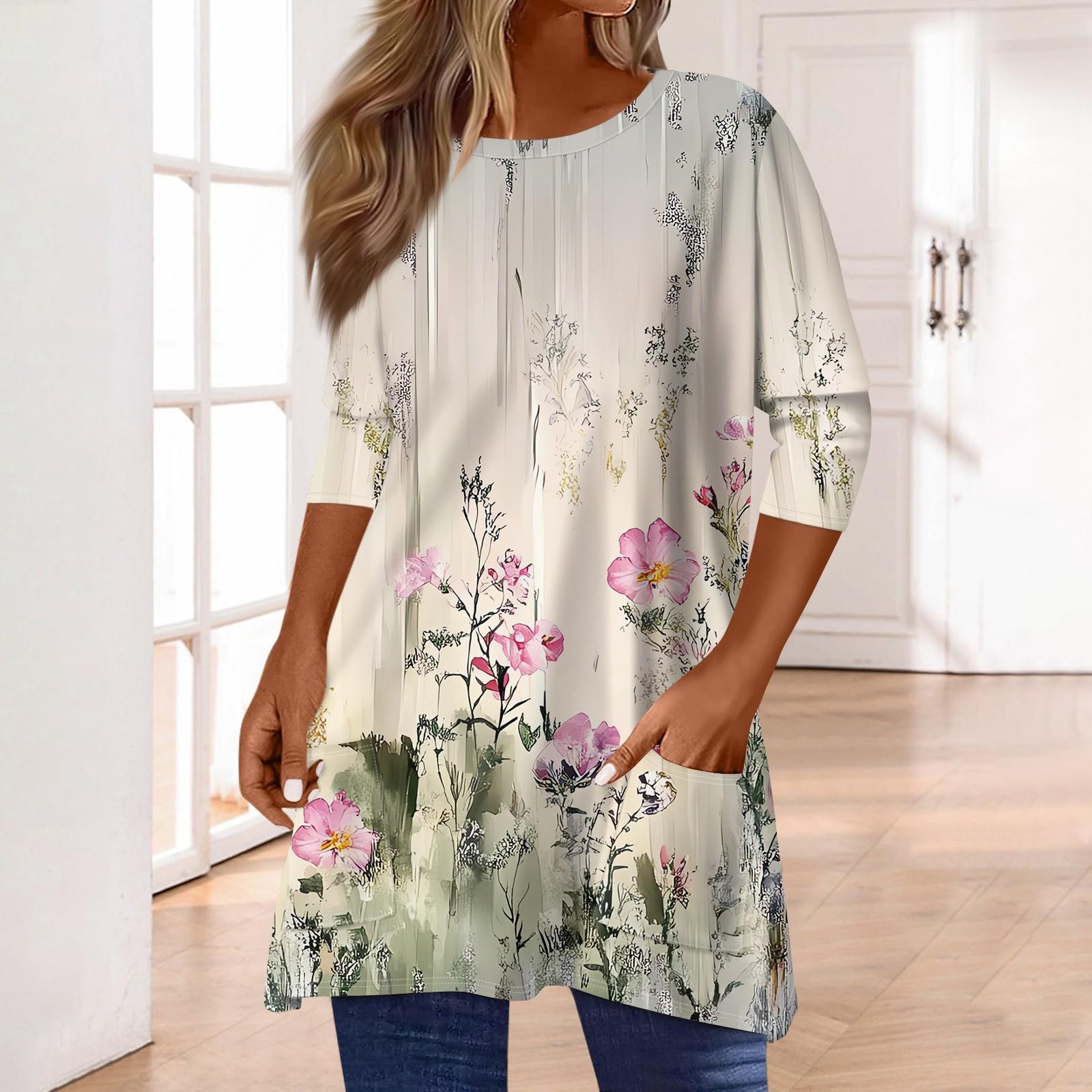 

3/4 рукава кармана топы для женщин футболка повседневный принт средней длины топы футболка круглый вырез пуловер блузка M