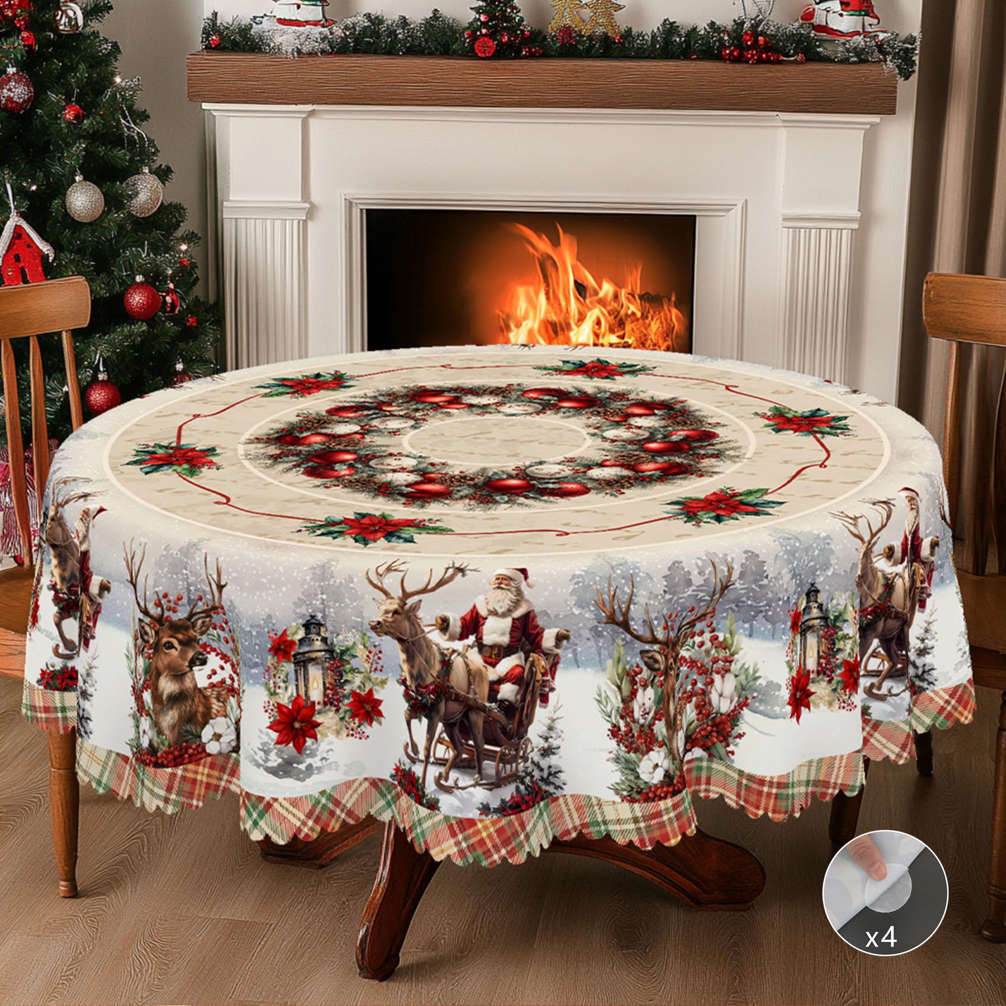 Kerst Vintage Boerderij Tafelkleed met Kerstman, rendieren & Kerstboom prints. Rechthoekige & ronde maten voor Kerst/Nieuwjaarsfeesten, keuken, binnen & 152X305Cm