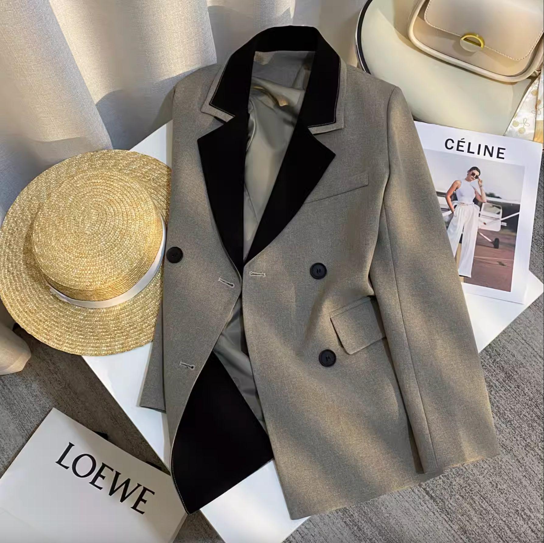 

Женский пиджак весна-лето 2025 в черно-серой контрастной отделке: Модный, универсальный повседневный топ Extra Large