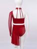 Girls Dance Outfit: One Shoulder Crop Top with Sheer Mesh Sleeves & Shiny Rhinestones + Irregular Skirt for Contemporary Lyrical