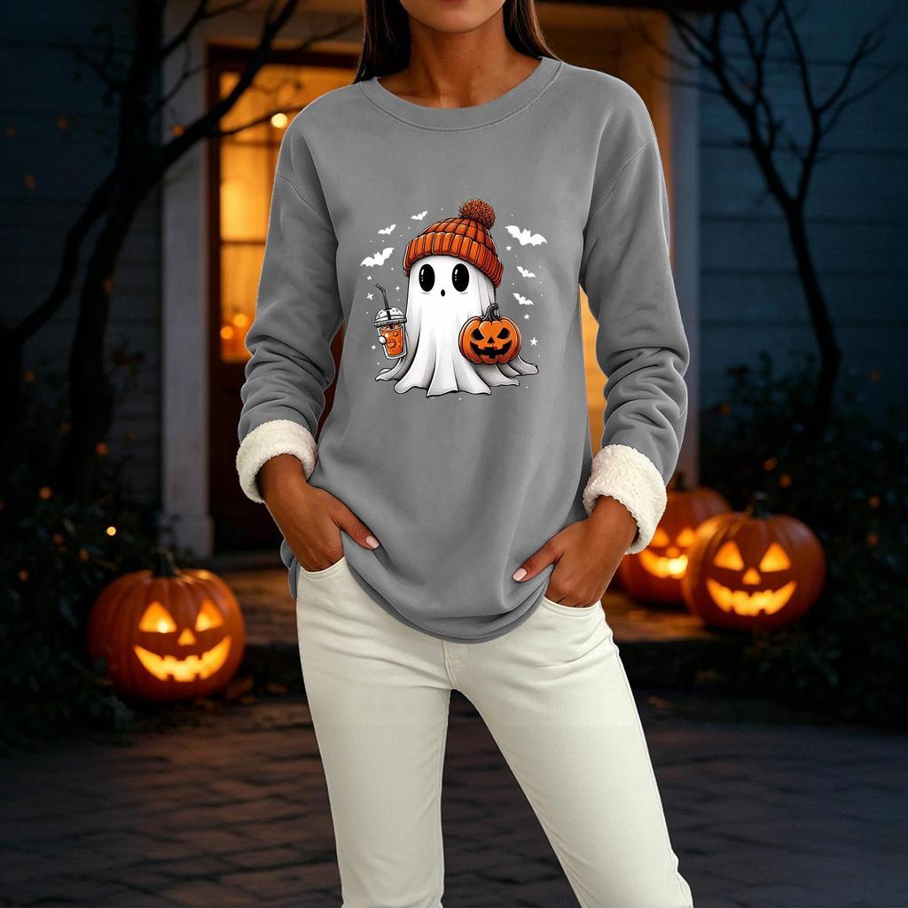 Women's Lined Long Sleeve Neck Halloween Print Top