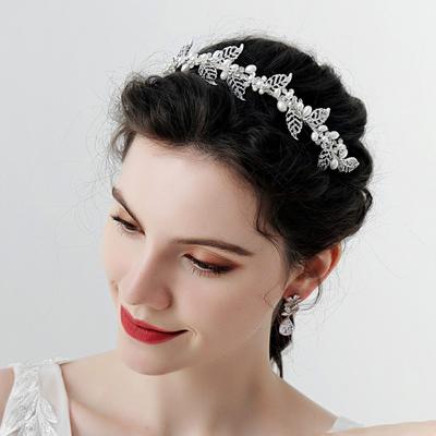 Vintage Sen Bridal Headwear Rhinestones Flower Headband Crown Wedding Accessories Handmade Diamond-encrusted Leaves Pearl