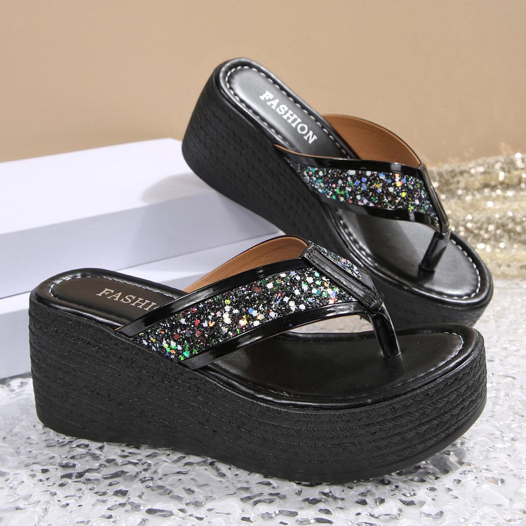 35-43 Plus Size Shoes for Women 2026 Summer Fashion Platform Wedge Comfortable Round Toe Sequin Sandals Women Slippers