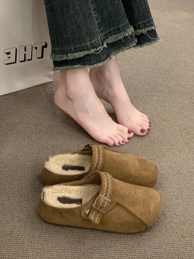 

Sheepskin version! Retro Boken shoes for women lazy people, one-pedal bag head slippers, outer wear, inner height-increasing thick-soled comfortable s 40 верблюд