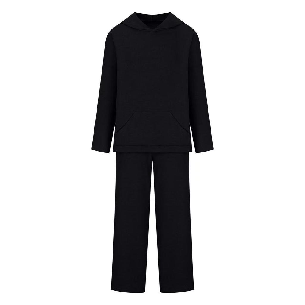 Women's Beige Knitted Hooded Top and Wide Leg Pants Lounge Set