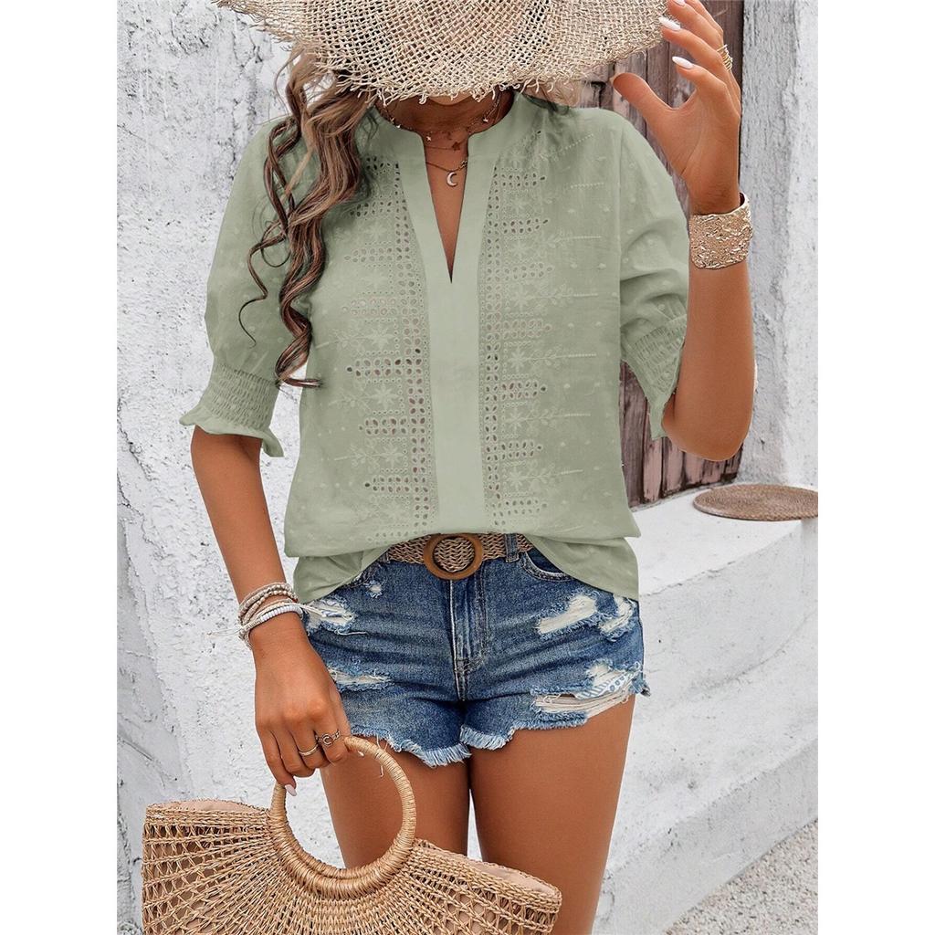 Women's Summer T-shirt Solid Color V-neck Puff Sleeve Hollow T-shirt