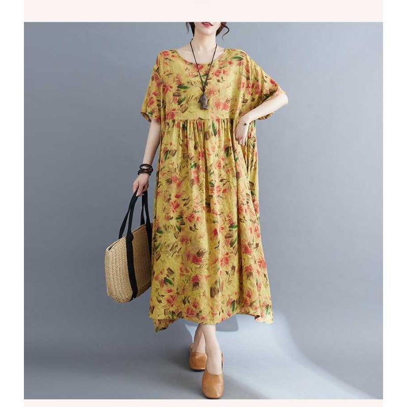 Loose and Thin Retro Swing Round Neck Short Sleeve Long Dresses