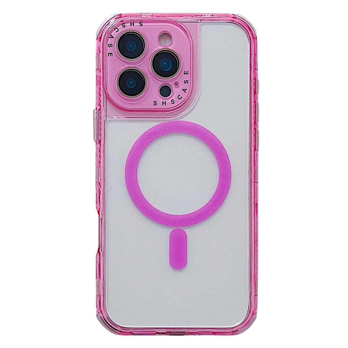 

For iPhone 16 Pro Magnetic Case Clear Colorful Frame TPU+PC Phone Back Cover with Lens Film Pink