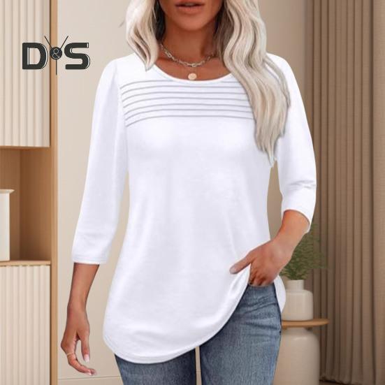 Damen-Oberteile, Rundhalsausschnitt, 3/4-Ärmel, plissierte Bluse, Frühling/Sommer, einfarbig, lockere Passform, lässiges T-Shirt für den Alltag