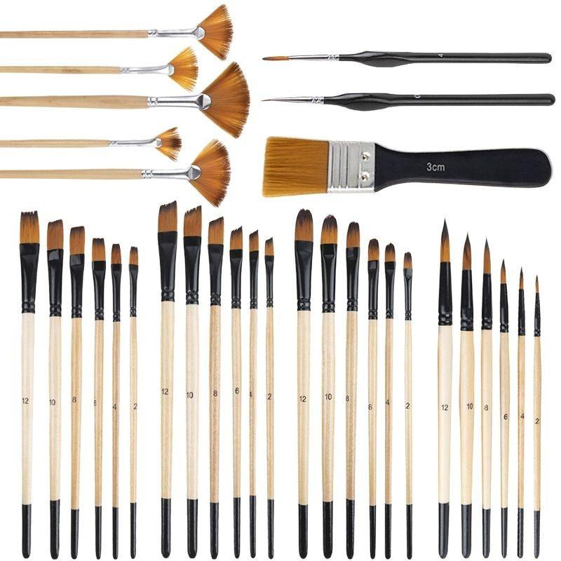 32-Piece Wooden Handle Art Brush Set: Nylon Bristles for Watercolor and Oil Painting